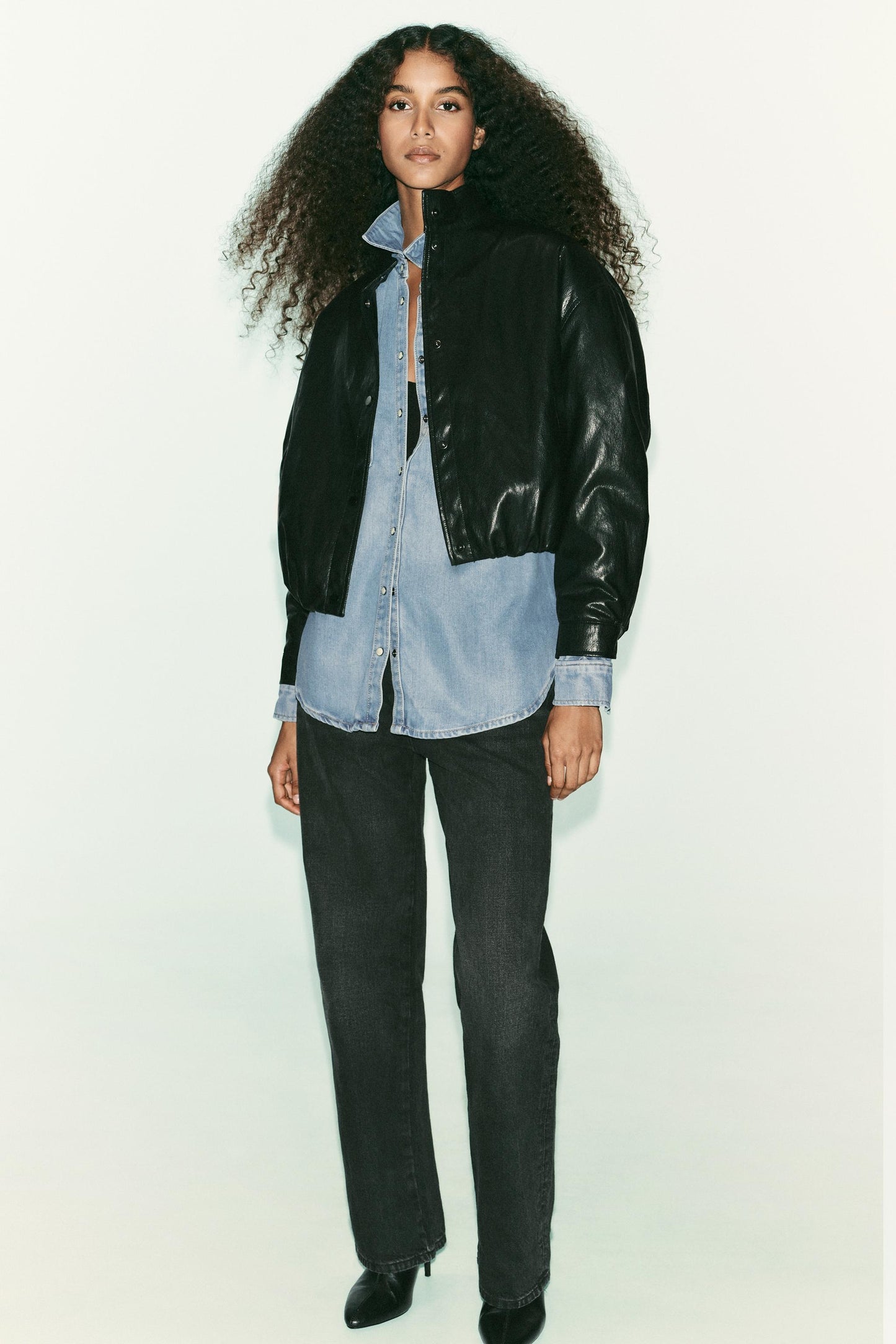 HIGH COLLAR FAUX LEATHER BOMBER JACKET
