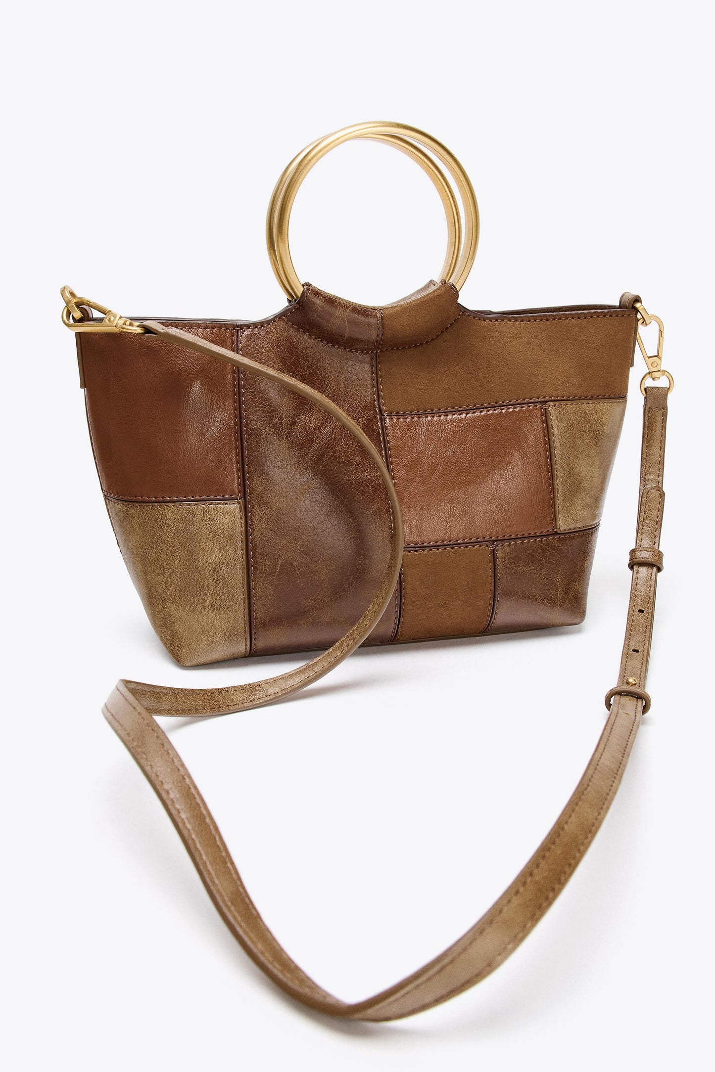 PATCHWORK RIGID HANDLE MINI BUCKET BAG