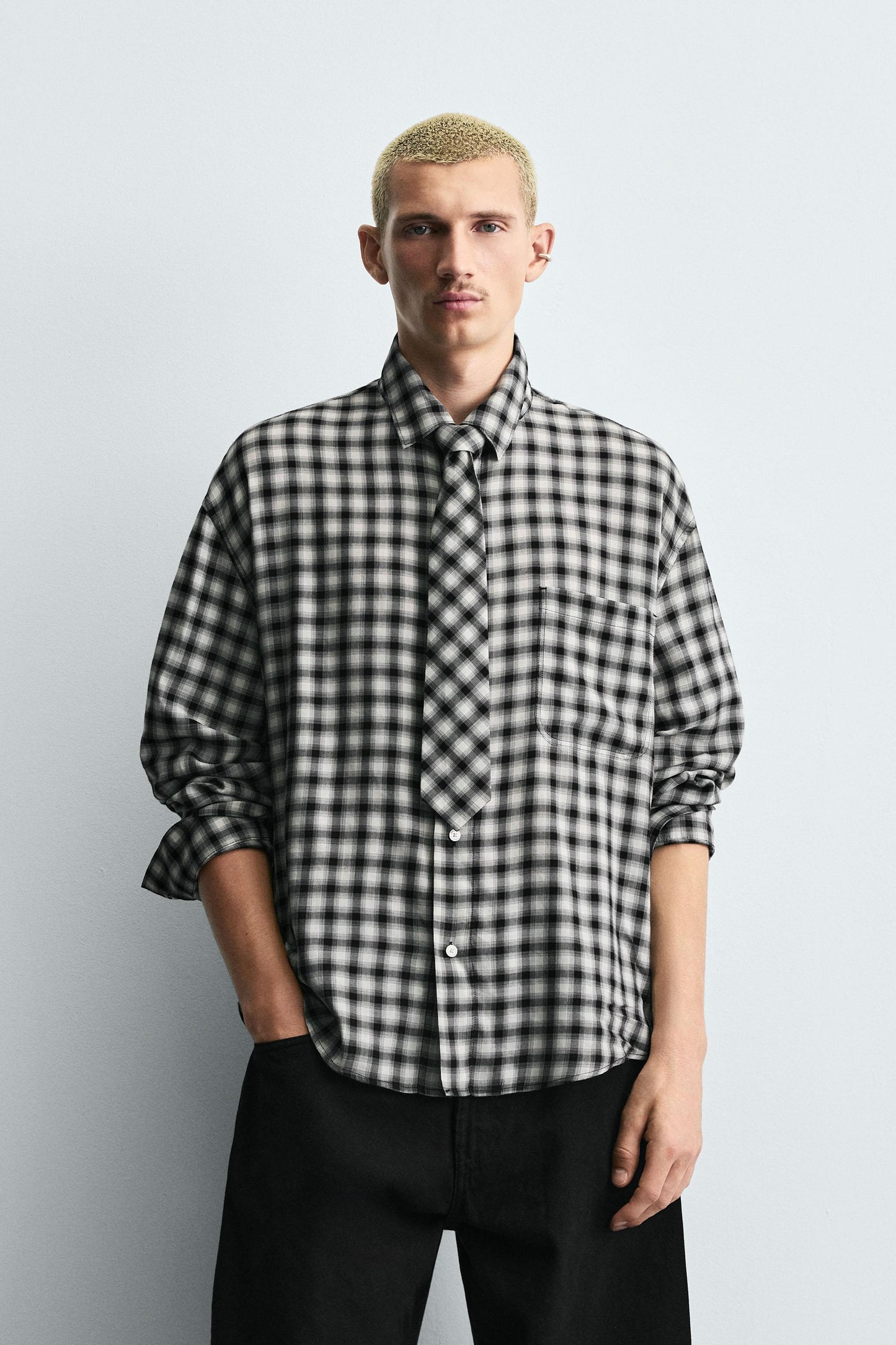 CONTRAST PLAID SHIRT WITH TIE