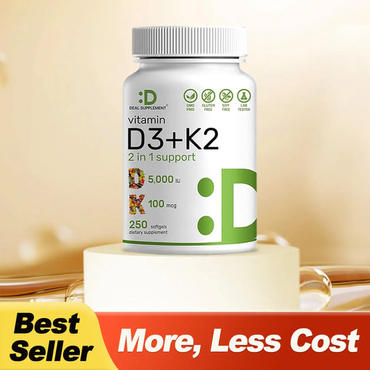 Deal Supplement Vitamin D3 & K2 250 Veggie Softgels 5000 IU D3 100mcg K2 MK7 Supports Healthy Bones Teeth Heart & Immune System Calcium Supplement