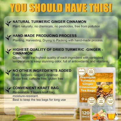 Turmeric Ginger Cinnamon Tea – 120 Bags | 100% Natural Herbal Blend for Wellness & Digestio..