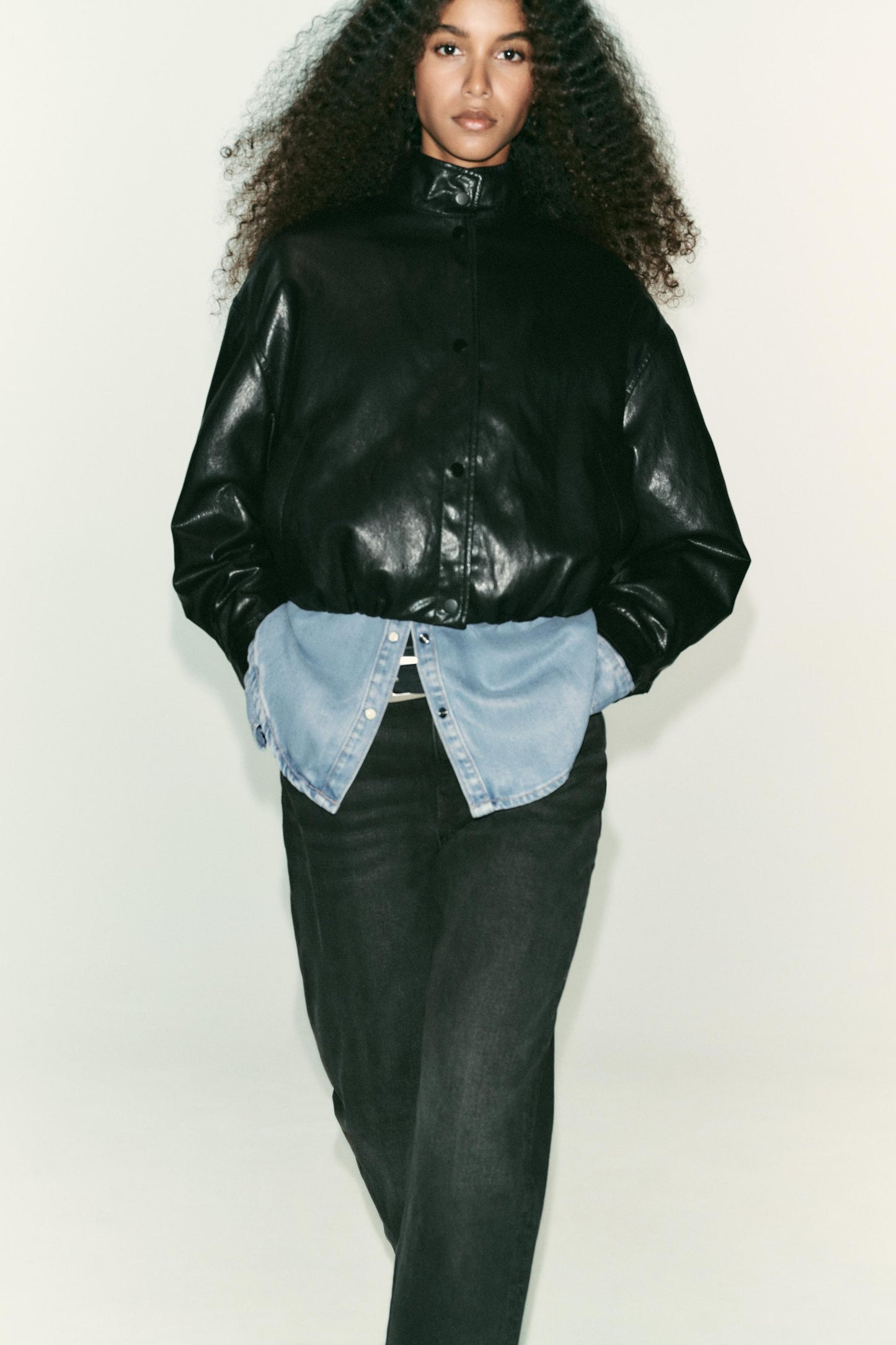HIGH COLLAR FAUX LEATHER BOMBER JACKET