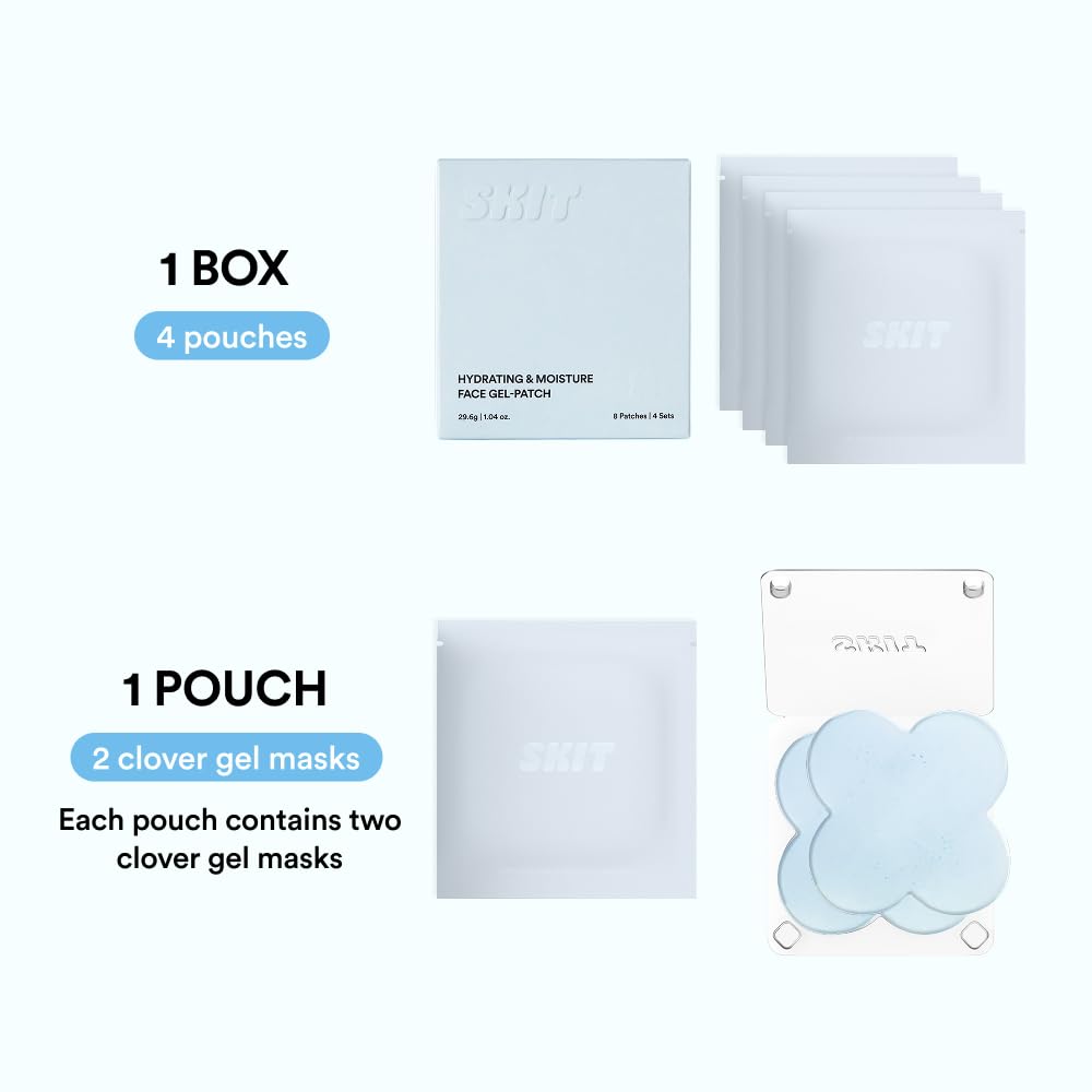 Skit Hydrating & Moisture Face Gel Patch | Hyaluronic Acid Hydrogel Patches with Glyceryl Glucoside for Deep Hydration & Soothing Care, Targeted Clover Mask, Korean Skincare | 4 Sets (8 Patches)