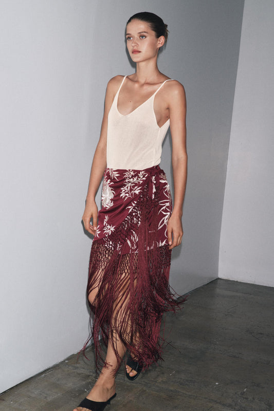 EMBROIDERED FRINGED WRAP SKIRT