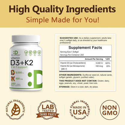 Deal Supplement Vitamin D3 & K2 250 Veggie Softgels 5000 IU D3 100mcg K2 MK7 Supports Healthy Bones Teeth Heart & Immune System Calcium Supplement