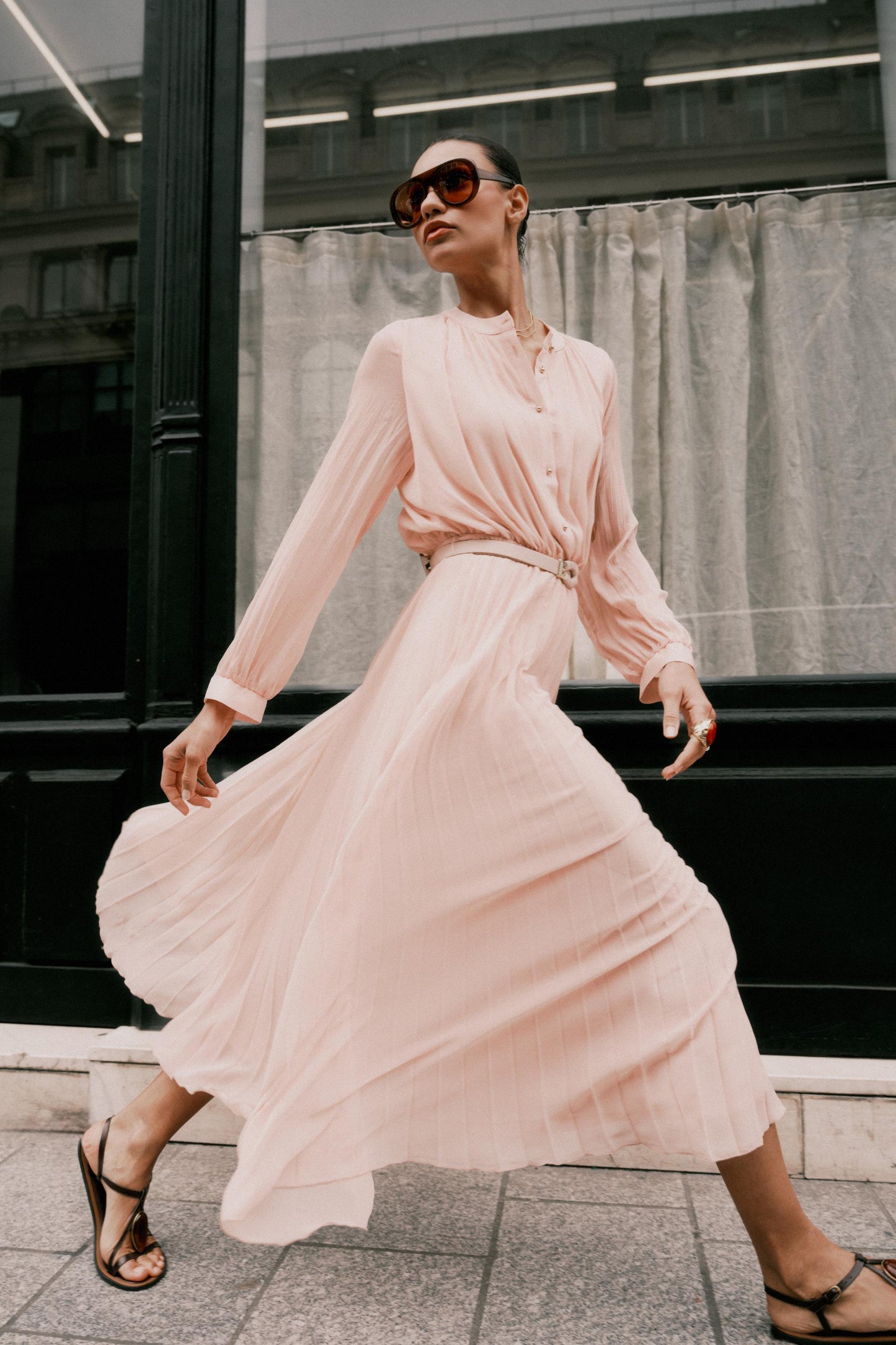 BELTED PLEATED MIDI DRESS