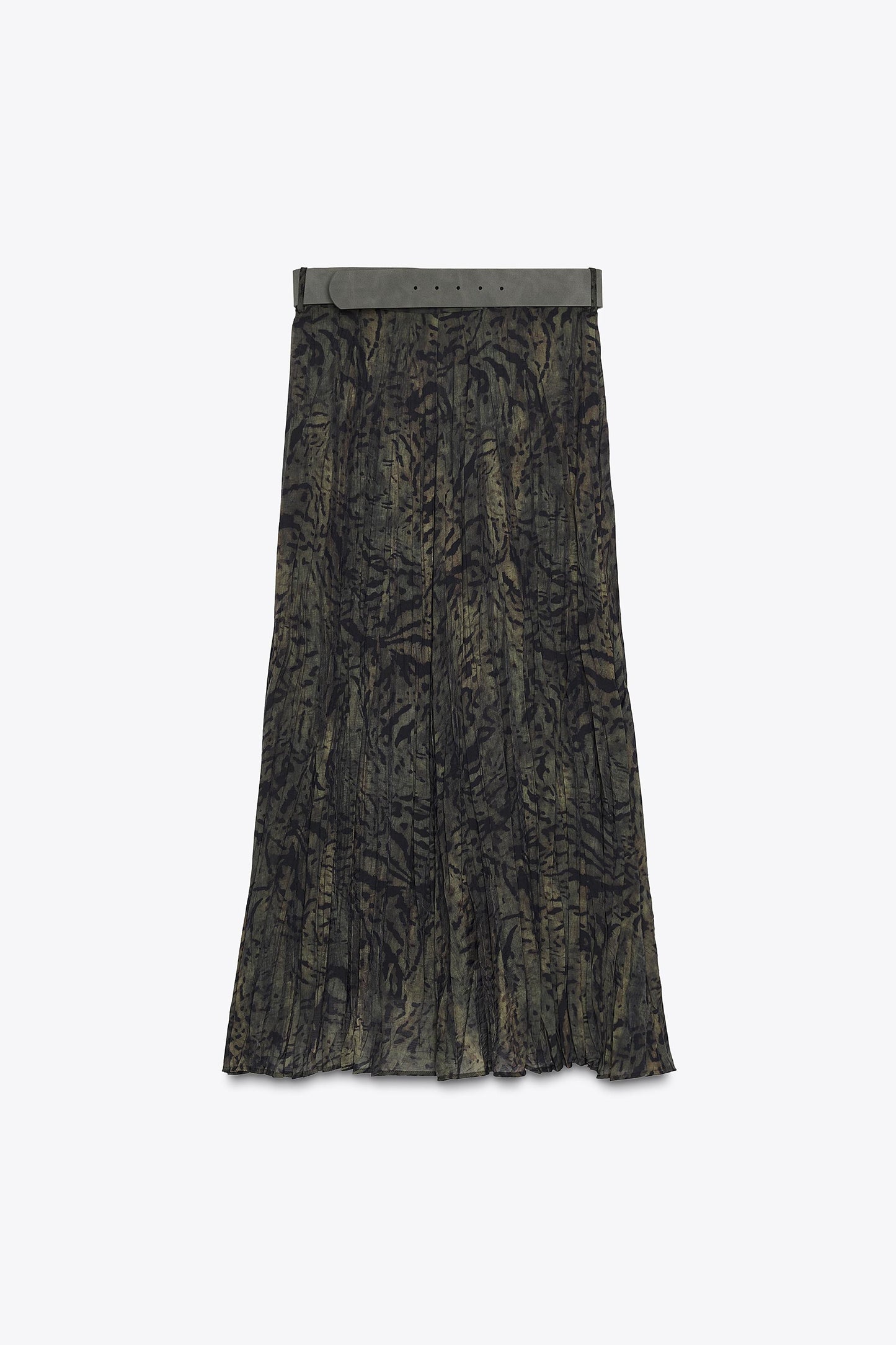 BELTED ANIMAL PRINT MIDI SKIRT