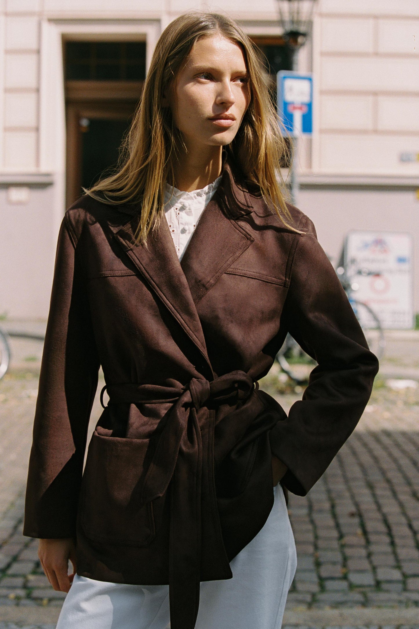 BELTED FAUX SUEDE JACKET