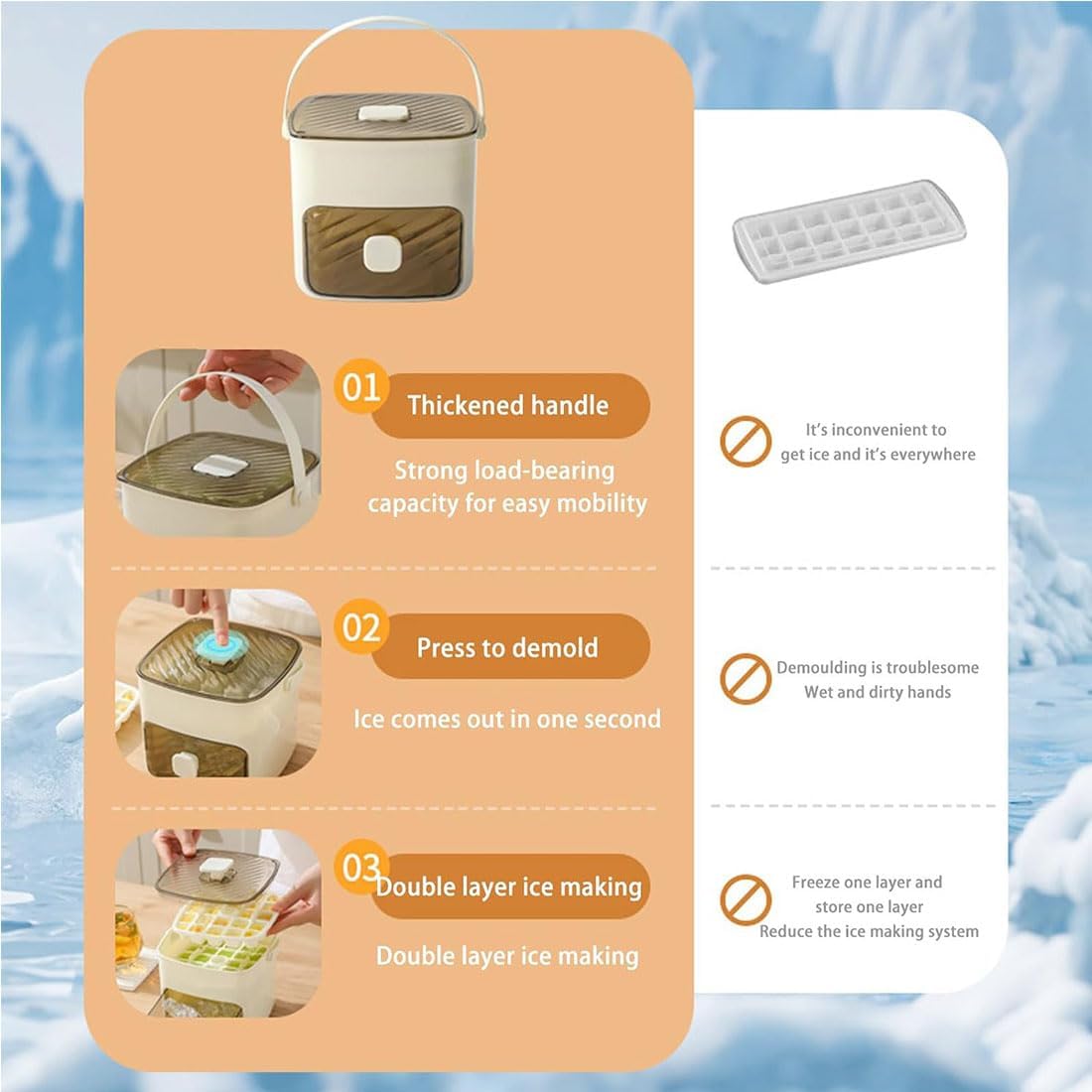 48 Cube Ice Maker With Easy Press Lid, Double Layer Portable Ice Cube Container with Lid and Storage Box for Freezer, Handled Press-Type Ice Cube Tray with Lid and Bin for Whiskey, Cocktail