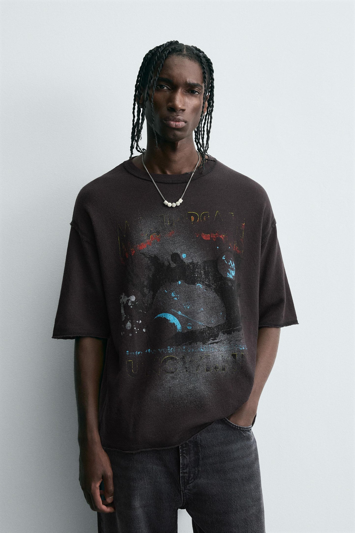 WASHED PRINT KNIT T-SHIRT