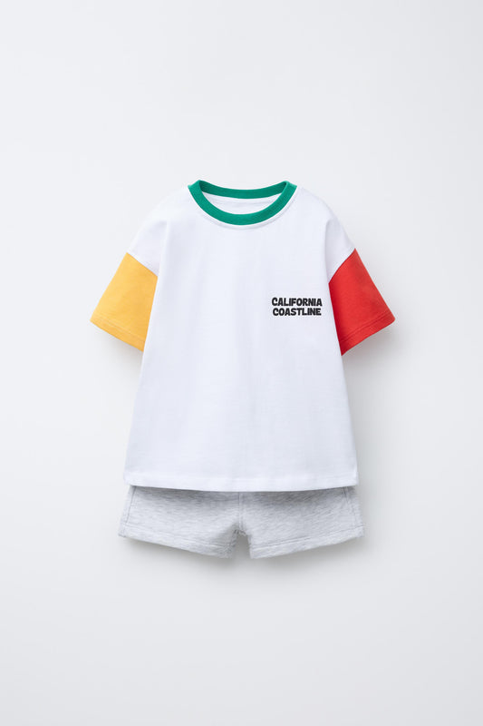 TEXT T-SHIRT AND HEATHERED BERMUDA JOGGING SET