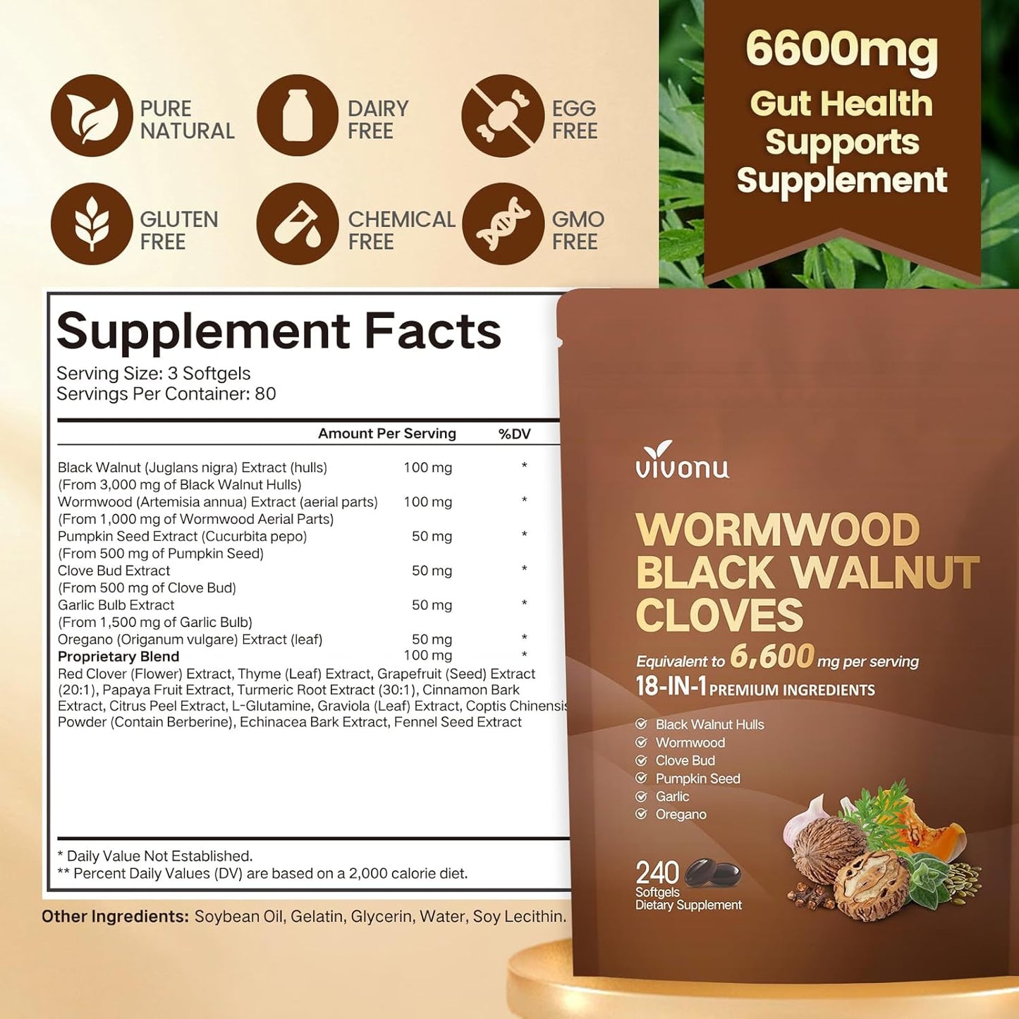 18-in-1 Black Walnut Wormwood Cleanse for Humans, 80 Day Supply, Serving, Rapid Gut Cleanse & Digestive Health with Clove, Garlic, Turmeric, Pumpkin Seed, Oregano, Berberine & More 240 Softgels
