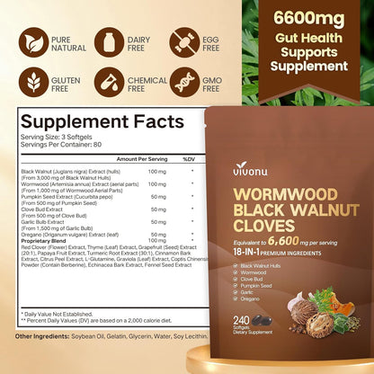 18-in-1 Black Walnut Wormwood Cleanse for Humans, 80 Day Supply, Serving, Rapid Gut Cleanse & Digestive Health with Clove, Garlic, Turmeric, Pumpkin Seed, Oregano, Berberine & More 240 Softgels