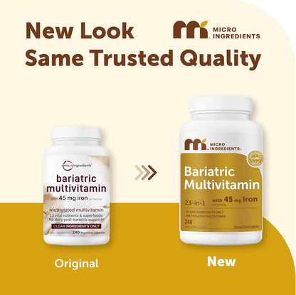 Micro Ingredients Methylated Bariatric Multivitamin with 45mg Iron for Women & Men, 240 Veggie Capsules | 23-in-1 Essential Vitamins with D3, K2, Zinc & More| No Fillers, Non-GMO
