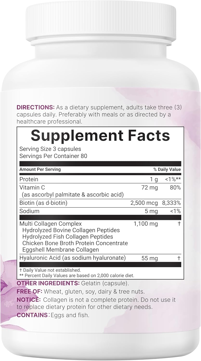 Micro Ingredients Multi Collagen Pills for Women & Men, 240 Capsules | Type I, II, III, V, X | Hydrolyzed Peptides with Biotin, Hyaluronic Acid, & Fat Soluble Vitamin C Complex | Non-GMO, Filler Free