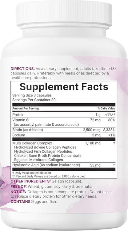 Micro Ingredients Multi Collagen Pills for Women & Men, 240 Capsules | Type I, II, III, V, X | Hydrolyzed Peptides with Biotin, Hyaluronic Acid, & Fat Soluble Vitamin C Complex | Non-GMO, Filler Free