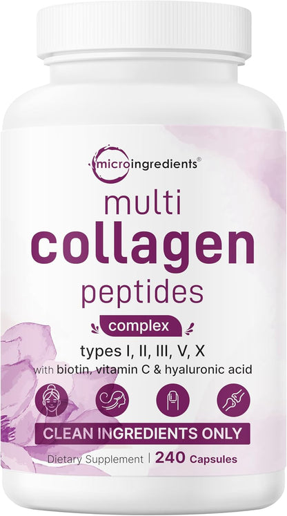 Micro Ingredients Multi Collagen Pills for Women & Men, 240 Capsules | Type I, II, III, V, X | Hydrolyzed Peptides with Biotin, Hyaluronic Acid, & Fat Soluble Vitamin C Complex | Non-GMO, Filler Free