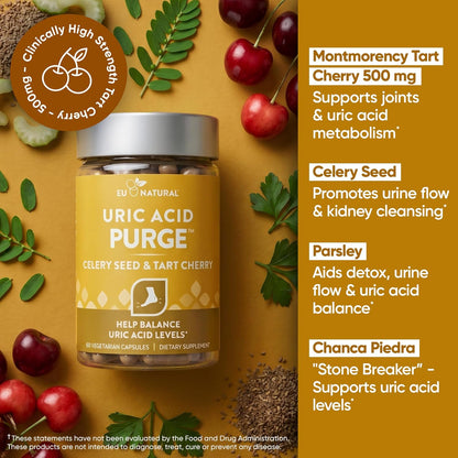 Eu Natural Purge Uric Acid Flush - Eat & Drink What You Want - Uric Acid Support for Joints & Mobility with Celery Seed, Tart Cherry & Chanca Piedra - 60 Vegetarian Capsules