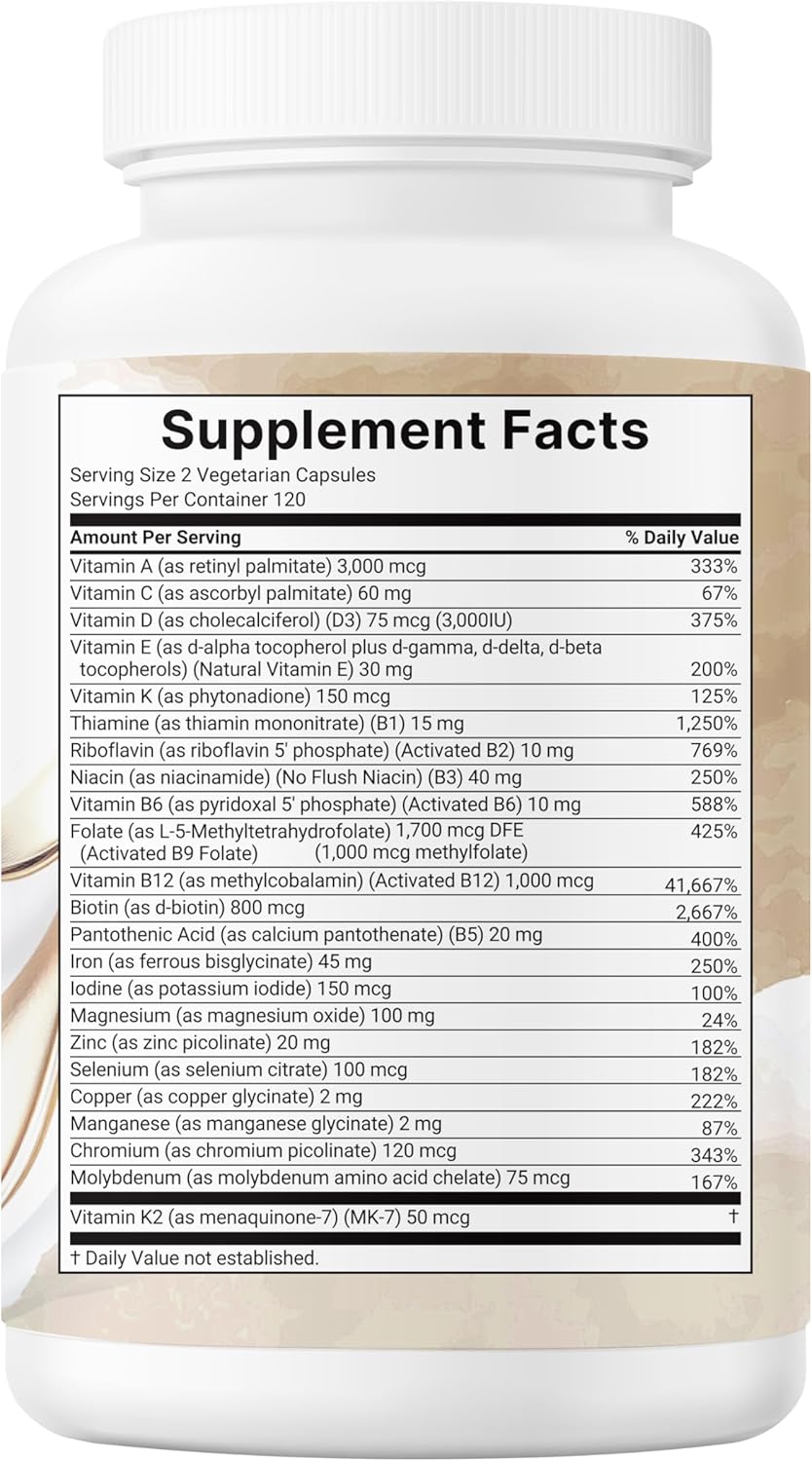 Micro Ingredients Methylated Bariatric Multivitamin with 45mg Iron for Women & Men, 240 Veggie Capsules | 23-in-1 Essential Vitamins with D3, K2, Zinc & More| No Fillers, Non-GMO