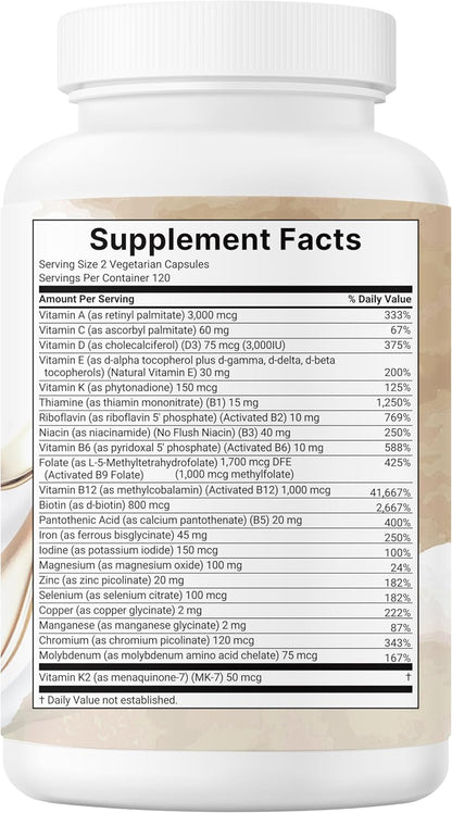 Micro Ingredients Methylated Bariatric Multivitamin with 45mg Iron for Women & Men, 240 Veggie Capsules | 23-in-1 Essential Vitamins with D3, K2, Zinc & More| No Fillers, Non-GMO