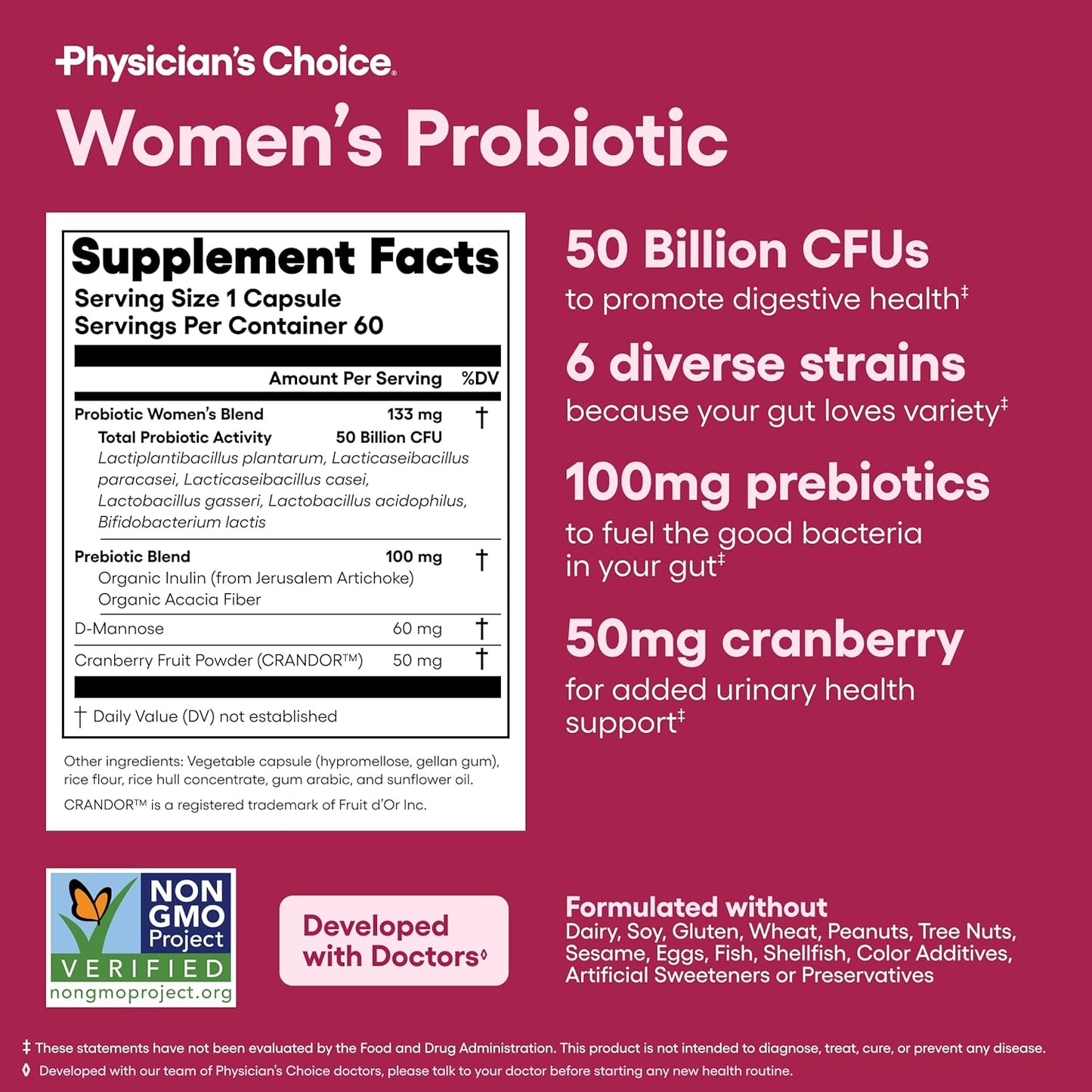Physician's Choice Probiotics - PH Balance, Digestive, UT, & Feminine Health - 50 Billion CFU - 6 Unique Strains for Women - Organic Prebiotics, Cranberry Extract+ - Probiotic - 60 CT-Shop