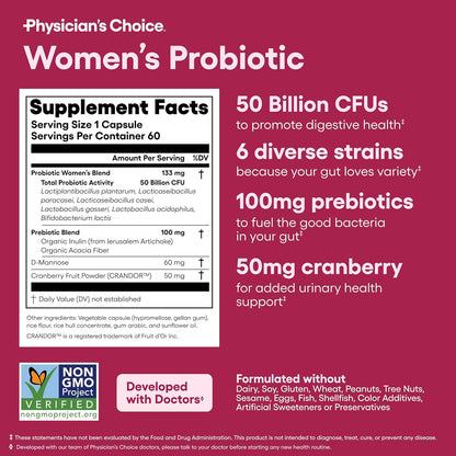 Physician's Choice Probiotics - PH Balance, Digestive, UT, & Feminine Health - 50 Billion CFU - 6 Unique Strains for Women - Organic Prebiotics, Cranberry Extract+ - Probiotic - 60 CT-Shop