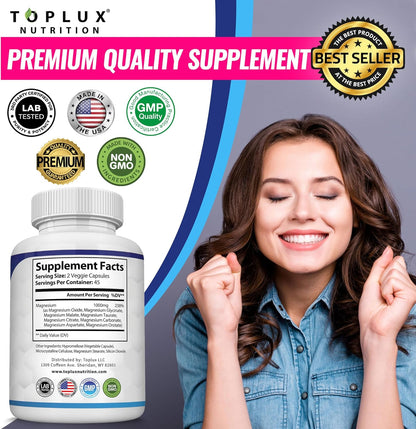 Magnesium Complex Supplement 8 Elemental 1000mg - Magnesium Glycinate, Citrate, Malate, Taurate, Chelated for Easy Absorption for Bones, Muscle, Recovery, Energy, Vegan Non-GMO 90 Capsules