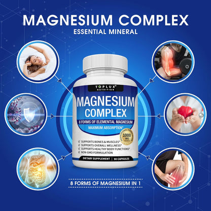 Magnesium Complex Supplement 8 Elemental 1000mg - Magnesium Glycinate, Citrate, Malate, Taurate, Chelated for Easy Absorption for Bones, Muscle, Recovery, Energy, Vegan Non-GMO 90 Capsules