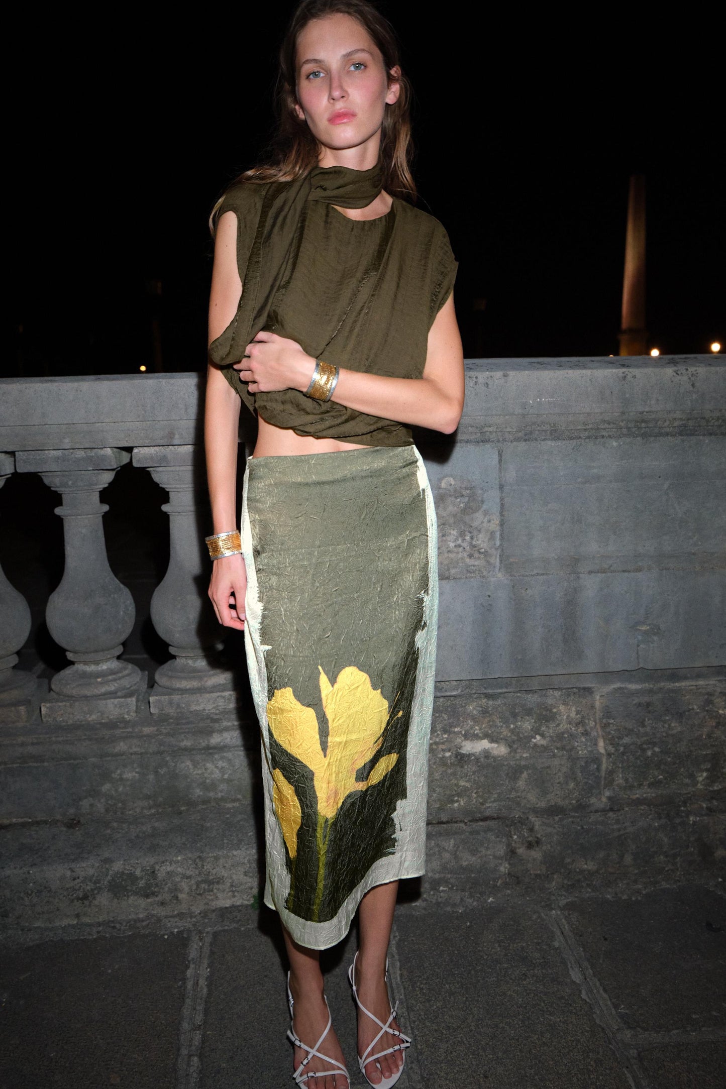 PRINTED WRINKLED EFFECT MIDI SKIRT
