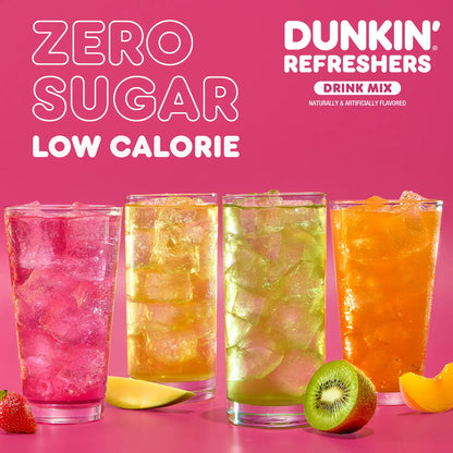 Dunkin’ Zero Sugar Refreshers Singles To Go! Powdered drink mix packets, 40 Ct Variety Pack, 40 Single serve Packets per Box (40 servings), Energy from Green Tea, aspartame-free, no synthetic colors, naturally and artificially flavored, just add water