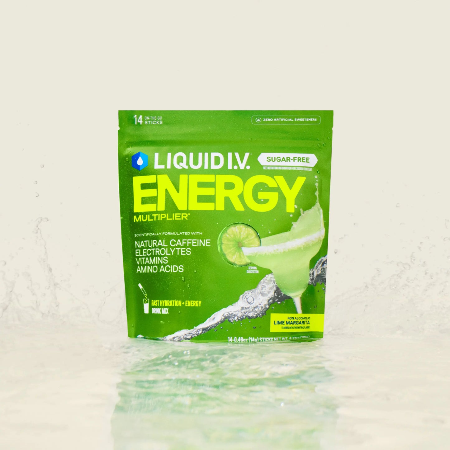 Liquid I.V. Sugar-Free Energy Multiplier - Lime Margarita - Hydration Powder Packets | Electrolyte Powder Drink Mix | Convenient Single-Serving Sticks | Includes Natural Caffeine | 1 Pack (14 Servings)