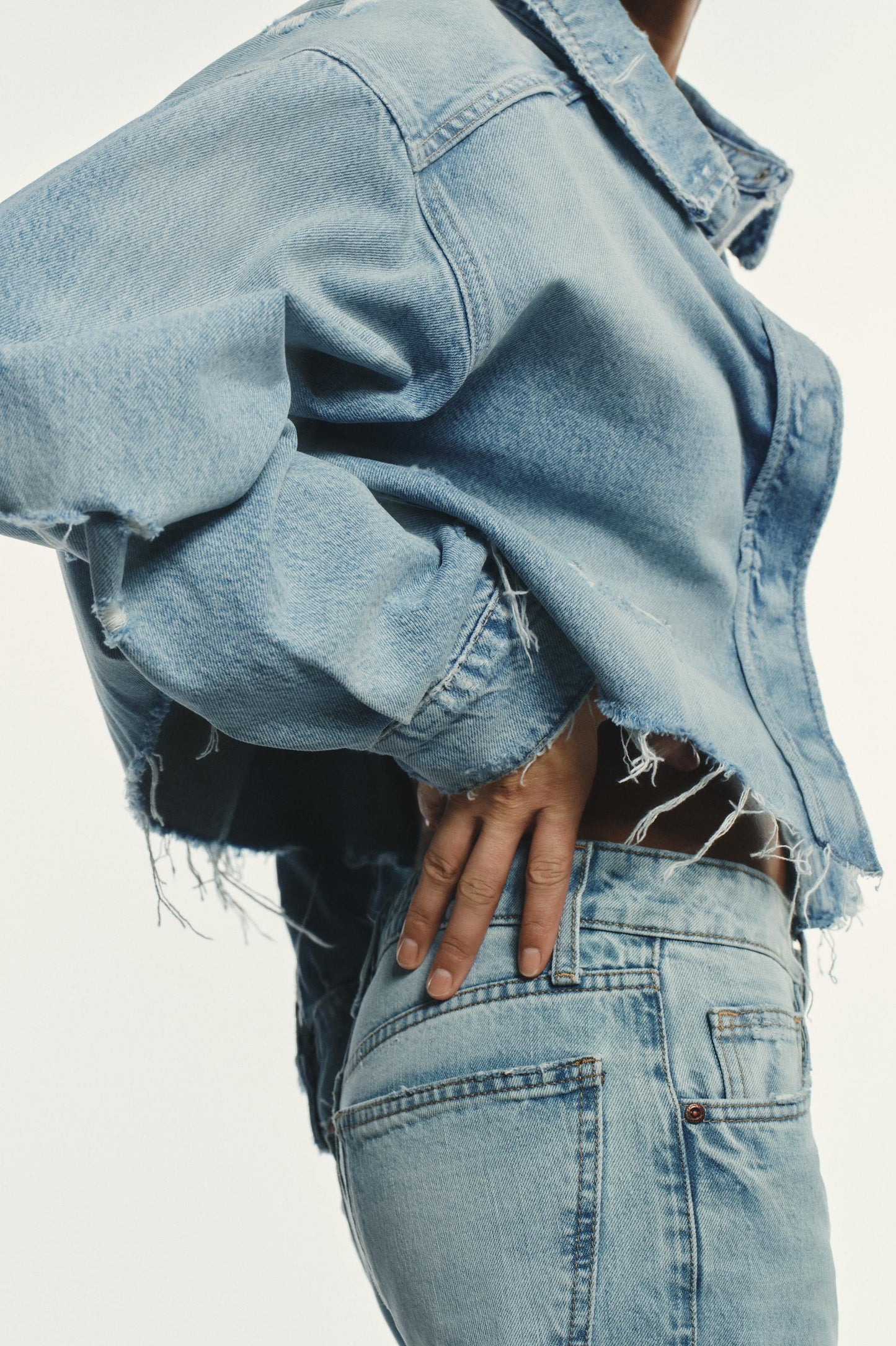 TRF RIPPED CROP DENIM OVERSHIRT
