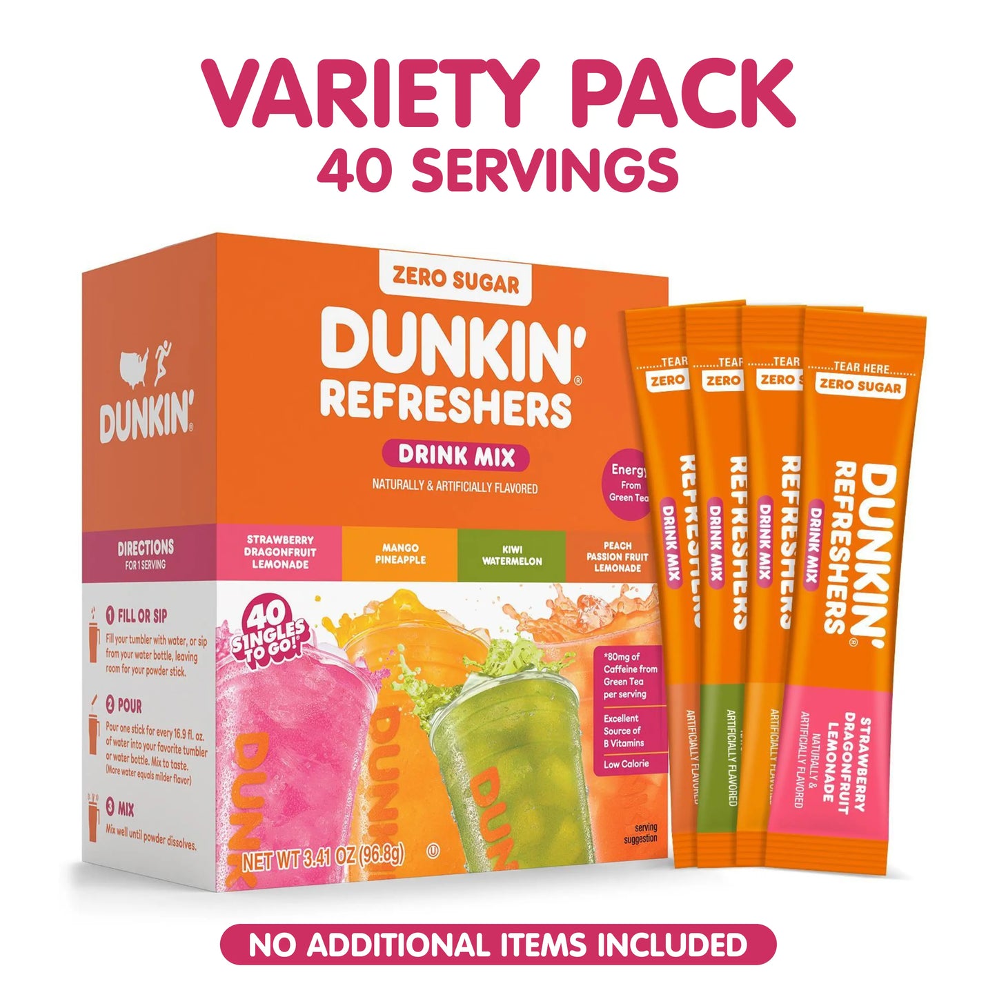 Dunkin’ Zero Sugar Refreshers Singles To Go! Powdered drink mix packets, 40 Ct Variety Pack, 40 Single serve Packets per Box (40 servings), Energy from Green Tea, aspartame-free, no synthetic colors, naturally and artificially flavored, just add water