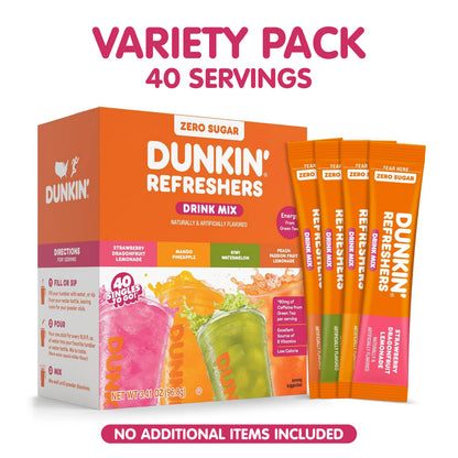 Dunkin’ Zero Sugar Refreshers Singles To Go! Powdered drink mix packets, 40 Ct Variety Pack, 40 Single serve Packets per Box (40 servings), Energy from Green Tea, aspartame-free, no synthetic colors, naturally and artificially flavored, just add water