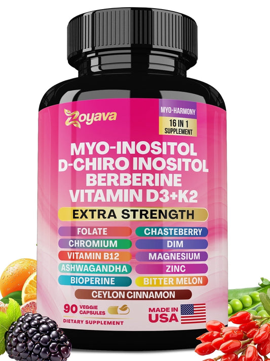 Myo Inositol Supplement 750mg, Berberine 500mg, D-Chiro Inositol 50mg, Folate 400mcg, Chromium 100mcg, Ceylon Cinnamon 200mg, Ashwagandha 100mg, DIM 75mg, Vitex Chasteberry 150mg, 90 Capsules