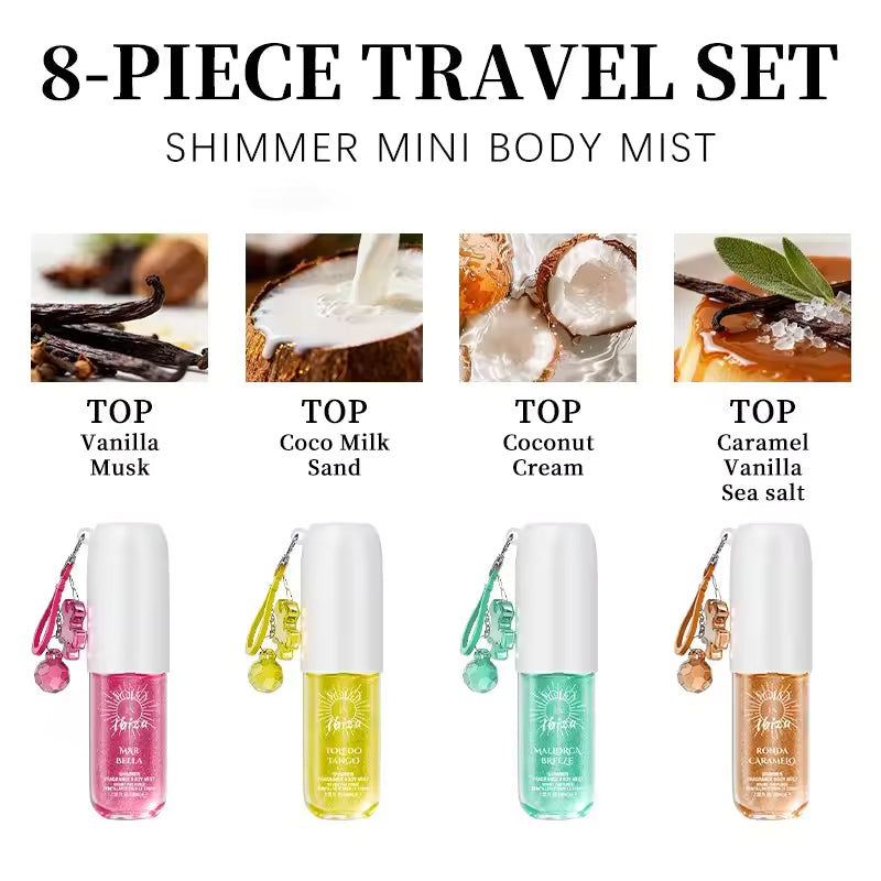 SOLO EN IBIZA 8-Piece Mini Set Body & Hair Fragrance Mist,Travel Size Perfume,Long-Lasting,8 Different Scents,Perfect For Dating,Daily Life,Parties,Gift Giving,1.02 fl oz/30 ml Each Bottle