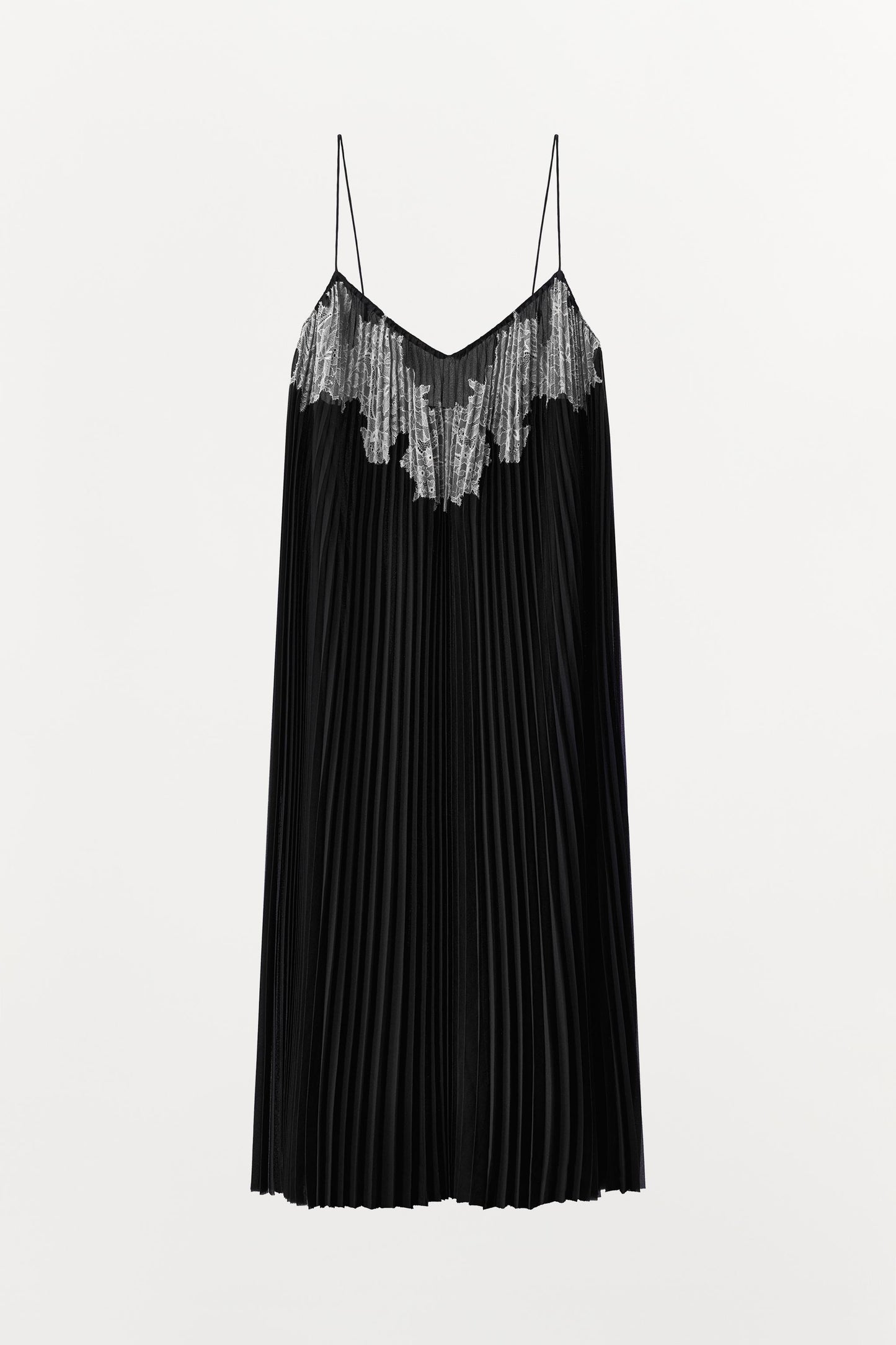 PLEATED DRESS WITH EMBROIDERY AND LACE