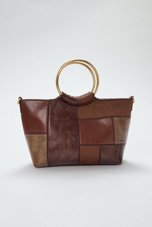 PATCHWORK RIGID HANDLE MINI BUCKET BAG