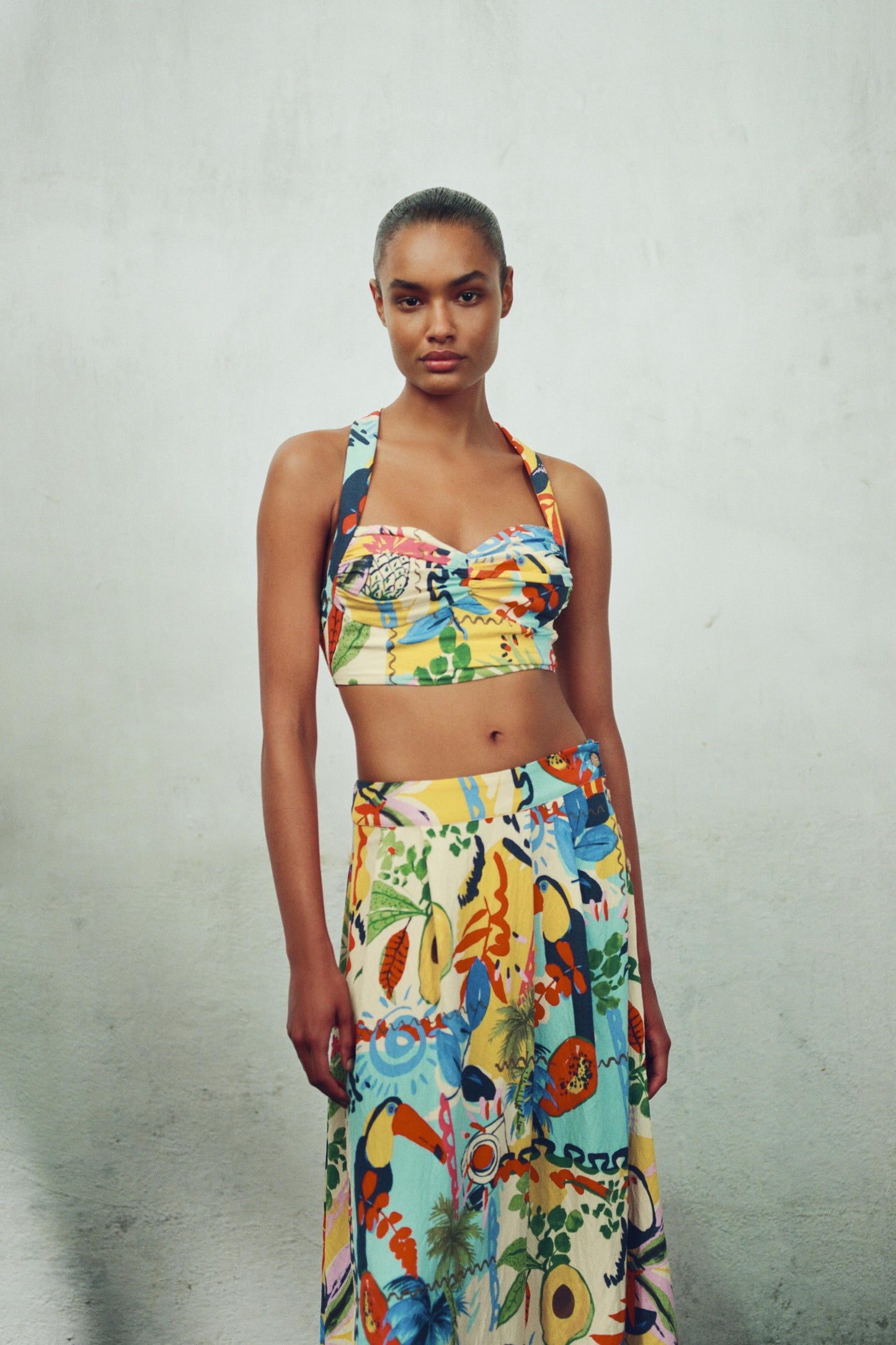 TROPICAL PRINT LAYERED MIDI SKIRT