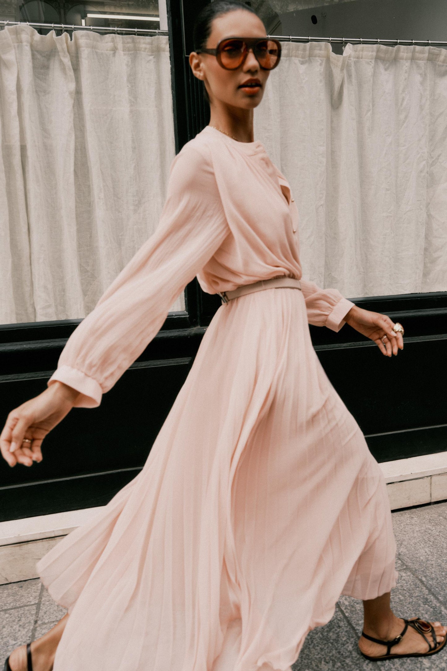 BELTED PLEATED MIDI DRESS