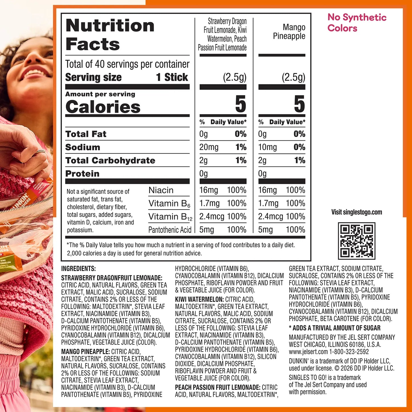 Dunkin’ Zero Sugar Refreshers Singles To Go! Powdered drink mix packets, 40 Ct Variety Pack, 40 Single serve Packets per Box (40 servings), Energy from Green Tea, aspartame-free, no synthetic colors, naturally and artificially flavored, just add water