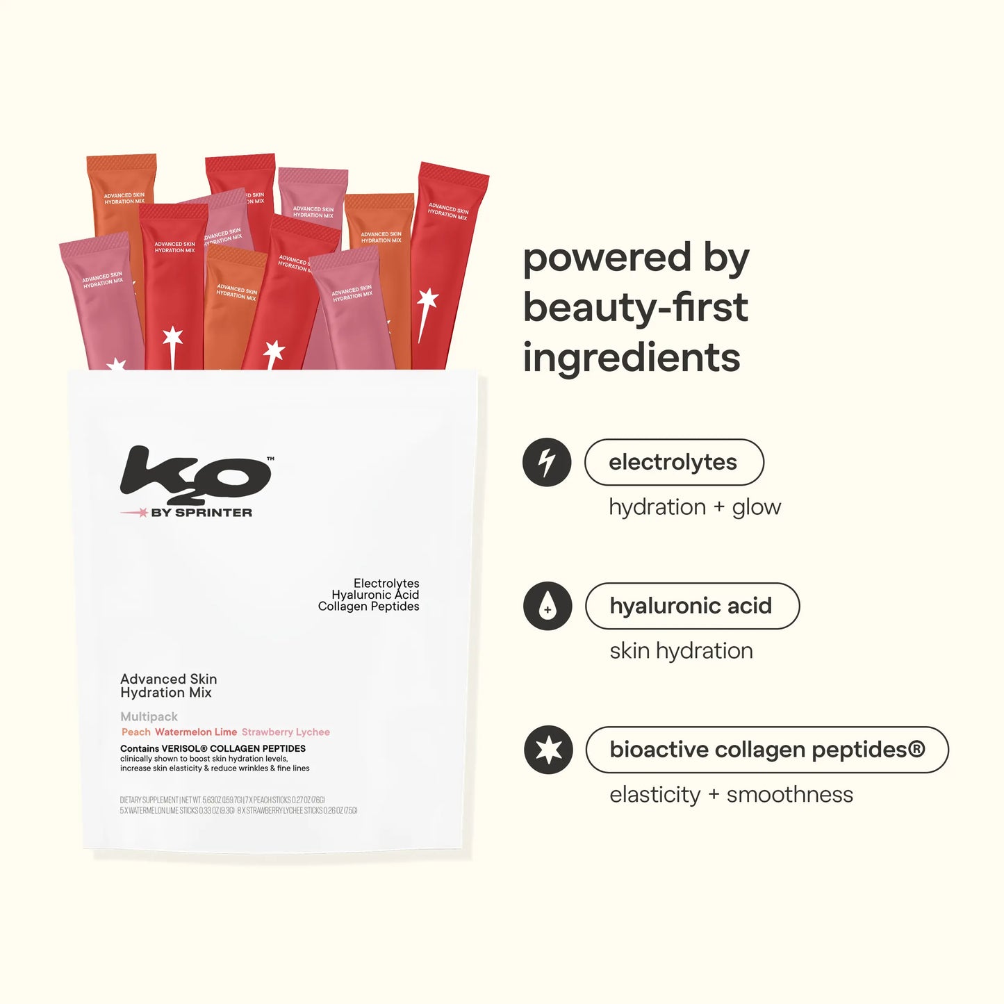 k2o by Kylie Jenner Advanced Skin Hydration Mix with Electrolytes, Hyaluronic Acid & Verisol Collagen Peptides - Clinically Shown to Boost Hydration & Reduce Wrinkles - 20 Sticks