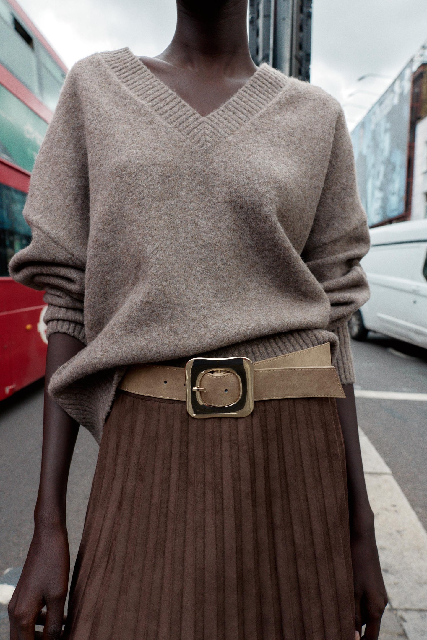 BELTED FAUX SUEDE EFFECT PLEATED MIDI SKIRT