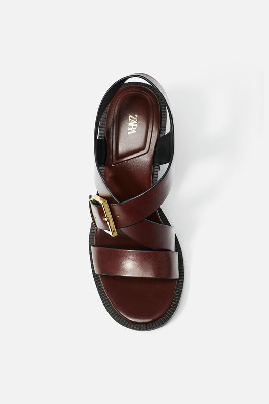 LEATHER BUCKLE HEELED SANDALS