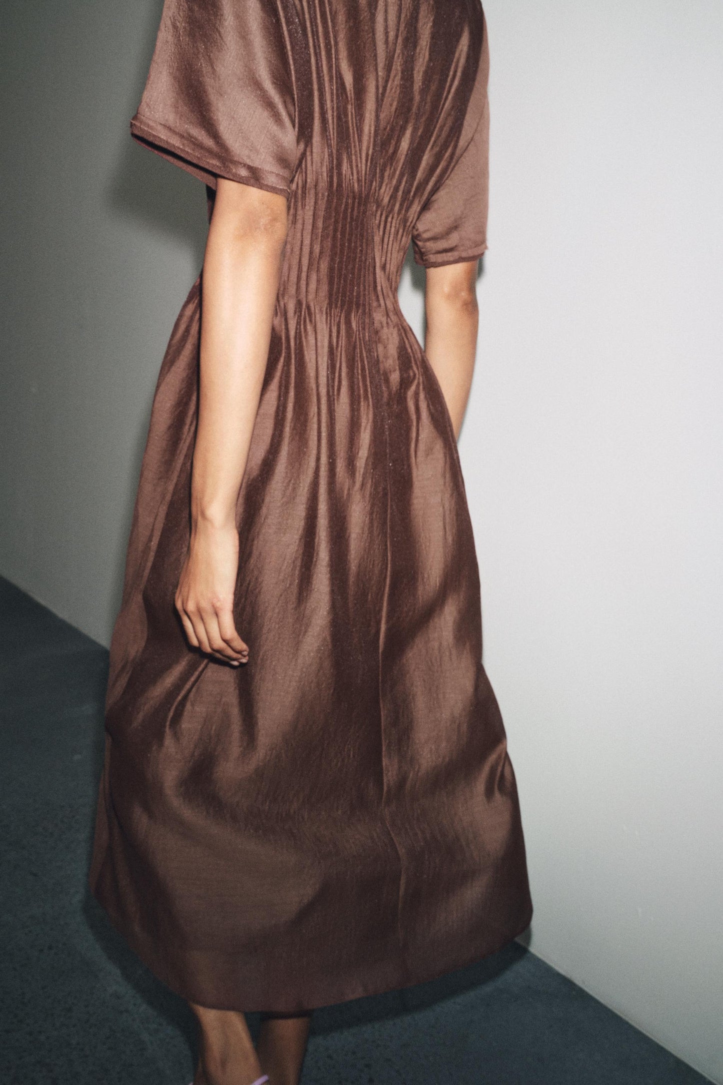 PLEATED WAIST MIXED KNIT DRESS