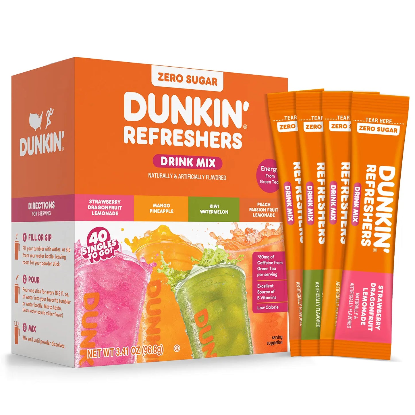 Dunkin’ Zero Sugar Refreshers Singles To Go! Powdered drink mix packets, 40 Ct Variety Pack, 40 Single serve Packets per Box (40 servings), Energy from Green Tea, aspartame-free, no synthetic colors, naturally and artificially flavored, just add water