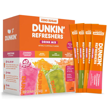 Dunkin’ Zero Sugar Refreshers Singles To Go! Powdered drink mix packets, 40 Ct Variety Pack, 40 Single serve Packets per Box (40 servings), Energy from Green Tea, aspartame-free, no synthetic colors, naturally and artificially flavored, just add water