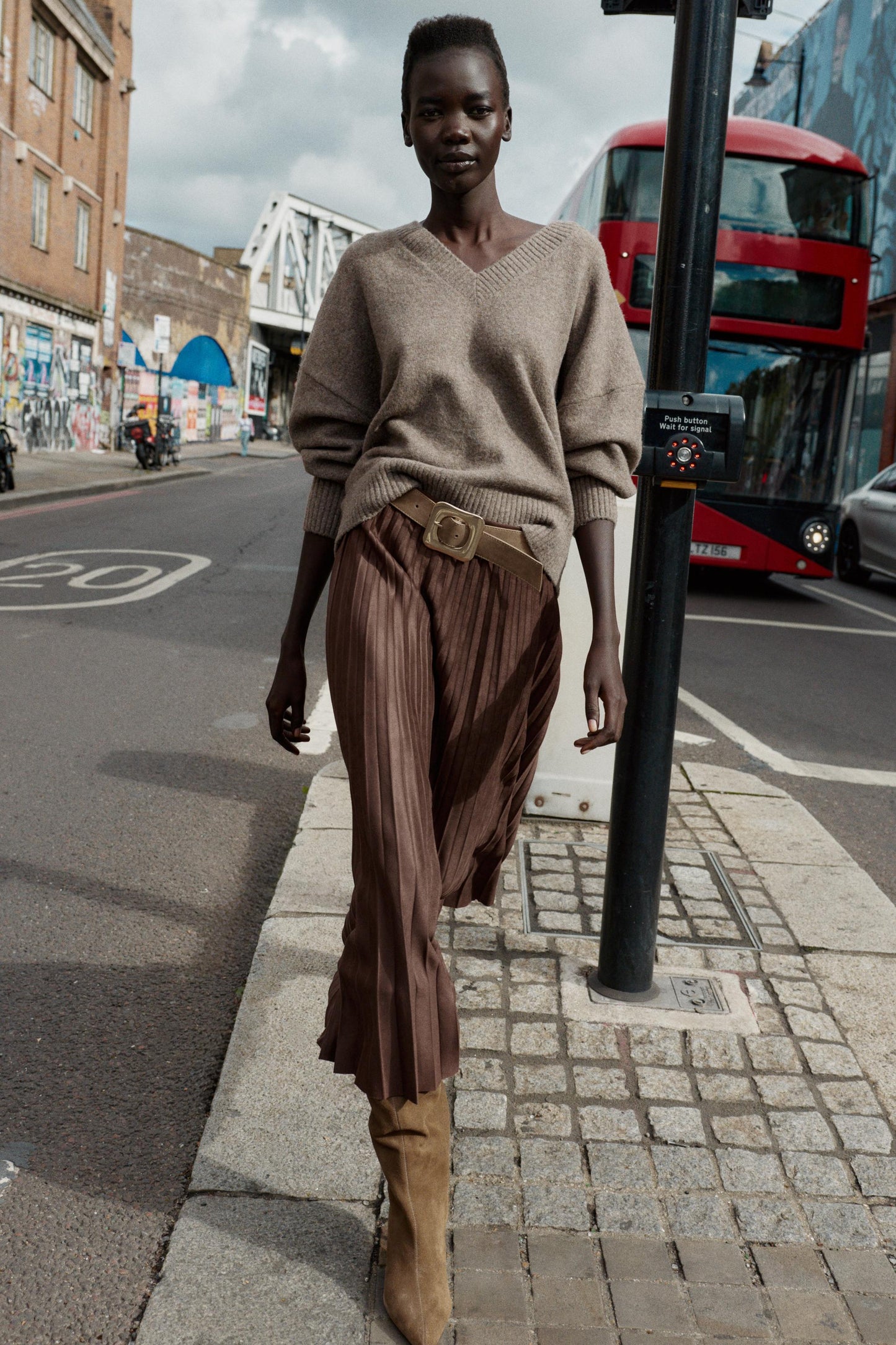 BELTED FAUX SUEDE EFFECT PLEATED MIDI SKIRT