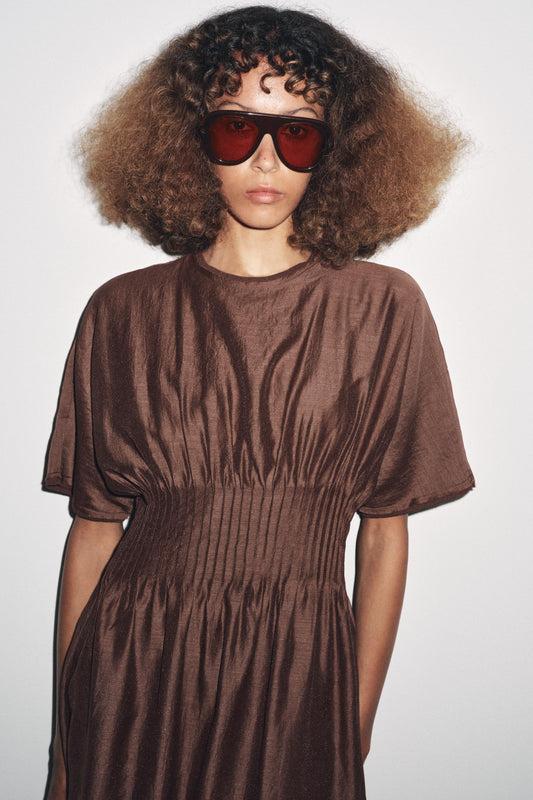 PLEATED WAIST MIXED KNIT DRESS