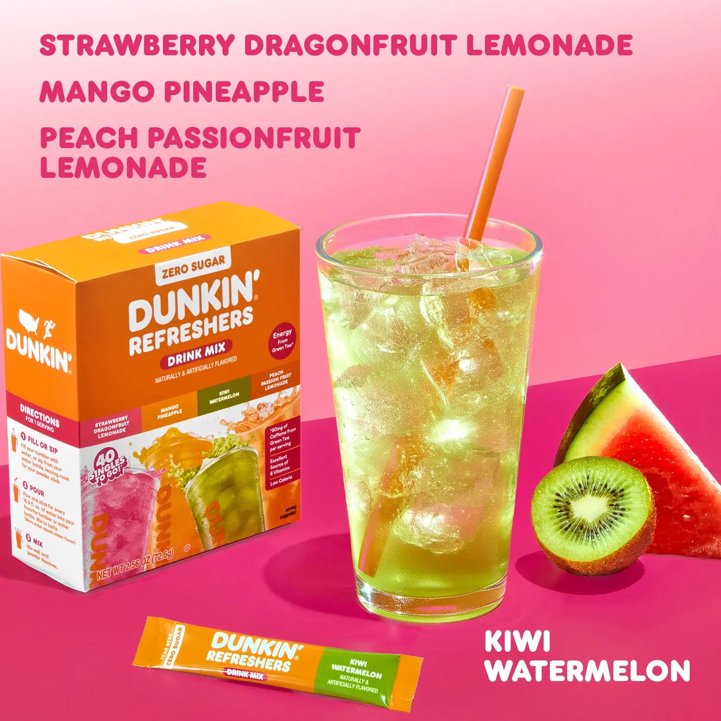 Dunkin’ Zero Sugar Refreshers Singles To Go! Powdered drink mix packets, 40 Ct Variety Pack, 40 Single serve Packets per Box (40 servings), Energy from Green Tea, aspartame-free, no synthetic colors, naturally and artificially flavored, just add water